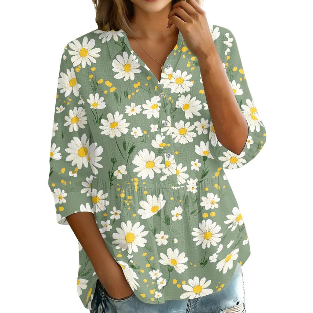 Women's Vintage Floral Print Button Down Blouse, 3/4 Sleeve Relaxed Fit Shirt
