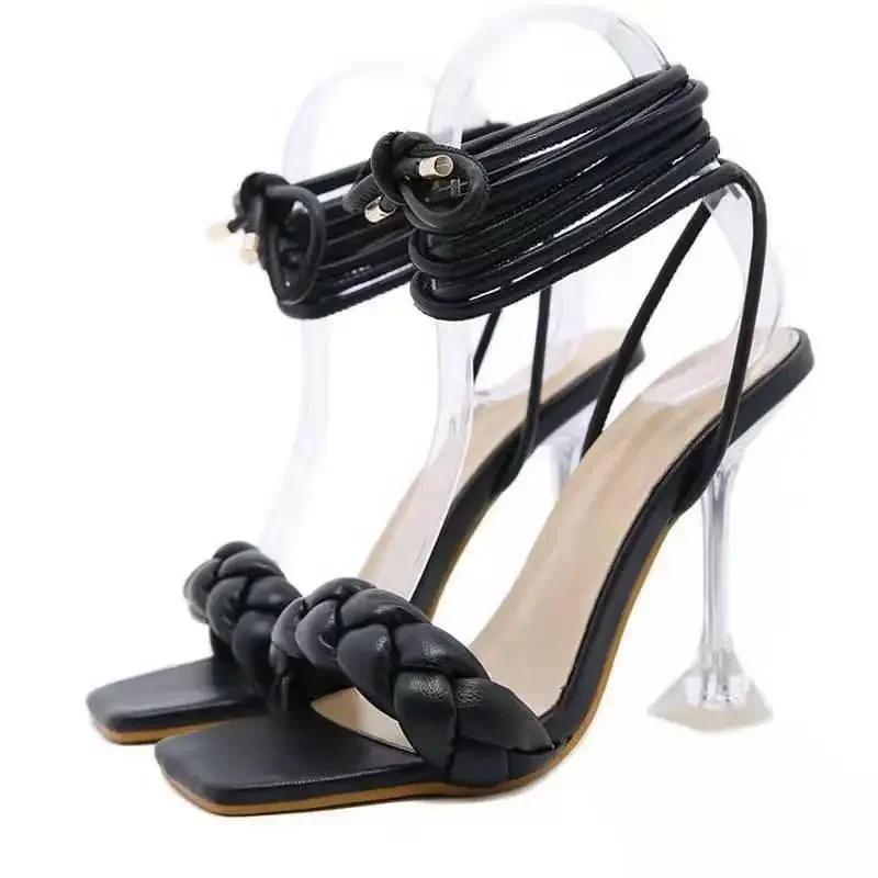 Fashion Fashion Weave Sandals Women's Summer Ankle Thin Strap Crystal Strange High Heel Ladies Sexy Peep Toe Party Wedding Sandalias