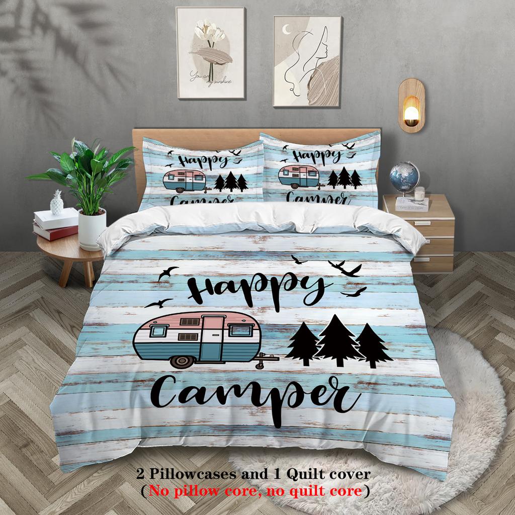 3pcs happy camper pattern printed bedding set, suitable for teenagers and adult's bedroom, camping, 1*duvet cover+2*pillowcase