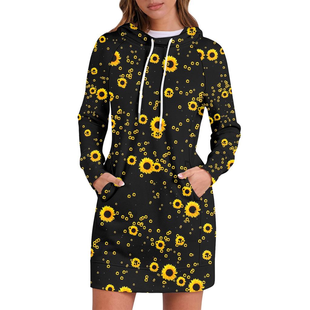 Womens Sweatshirt Dress Long Sleeve Hoodies Dresses Cute Floral Print Casual Hoodie With Pockets Fall And Winter