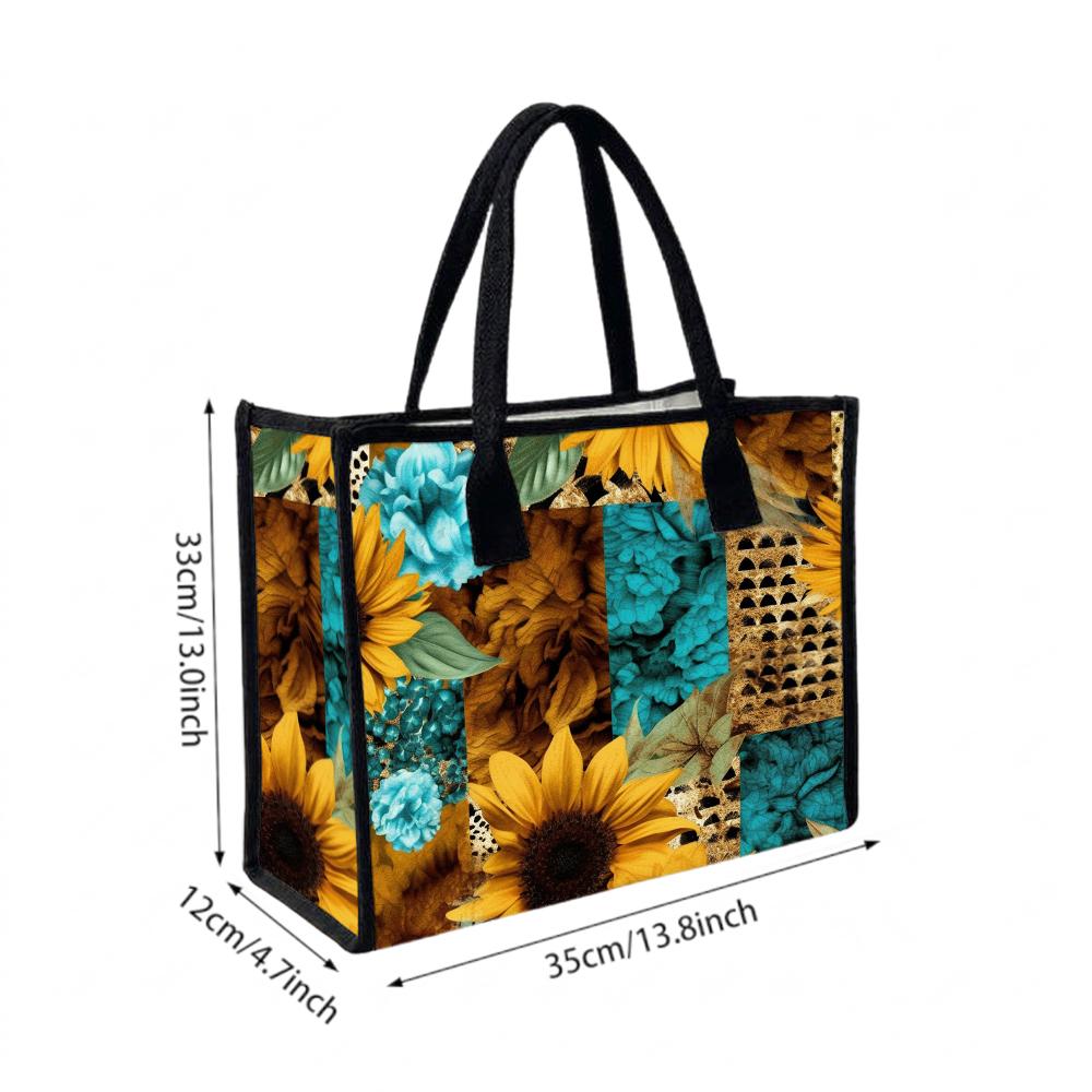 Sunflower Teal Floral Tote Bag for Women Casual Outdoor Daily Use Large Capacity Portable Handbag