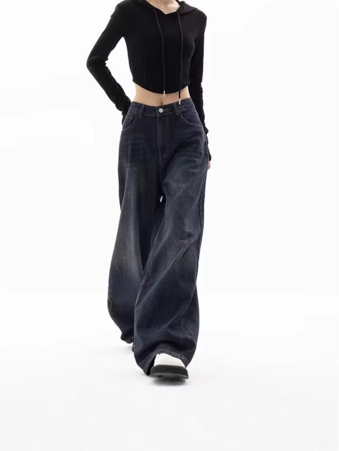 Women's Retro Harajuku Wide-Leg Jeans with Pockets - Oversized Korean Street Fashion for Autumn