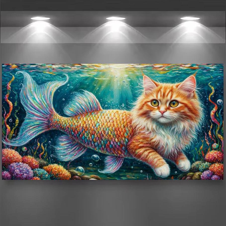 Beautiful Cat Fish Large Size Diamond Painting Animals Diy Full Square Round Drill Rhinestone Embroidery Mosaic Cross Stitch Kits Wall Decor