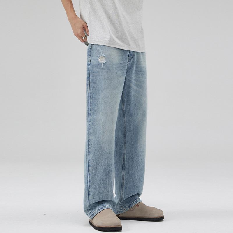LKTM Men's Retro Washed Ice Blue Jeans - High-End, Versatile, Loose-Fit, Ripped Style