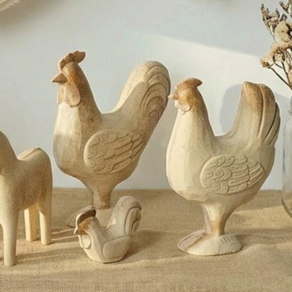 Hand-painted Unpainted Animal Figurine DIY Drawing Rooster Wooden Bunny Statue Vintage Cute Animal Egg Desktop Ornament