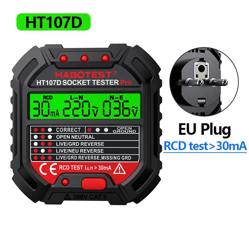 HT106/HT107 Digital Outlet Socket Detector Voltage Test Socket Testers US/UK/EU Plug Ground Zero Line Phase Check RCD NCV Tester