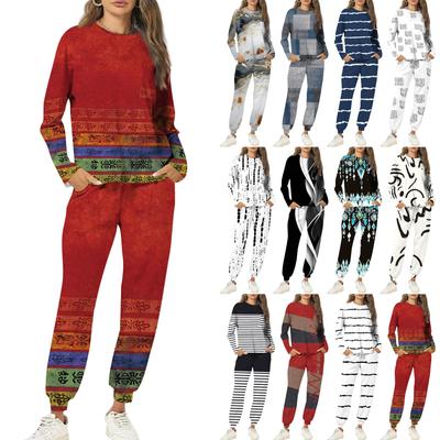 Sets For Women 2 Piece Round Neck Long Sleeve Shirts Printed Sweatpants Pocket Sets