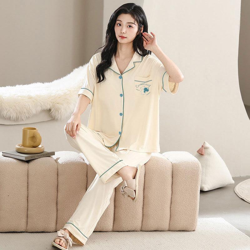 Factory Pajamas Women'S Two-Piece Set Japanese Simple Cardigan Short-Sleeved Trousers Loose Large-Size Loungewear Can Be Worn Outside