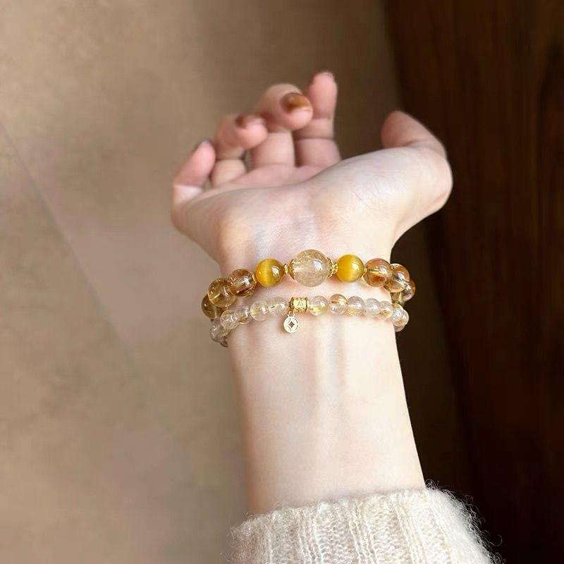 Ladies Stackable 2-Piece Bracelet Citrine / Yellow Tiger Eye Geometric Constellation Electroplated Fresh Travel Gift