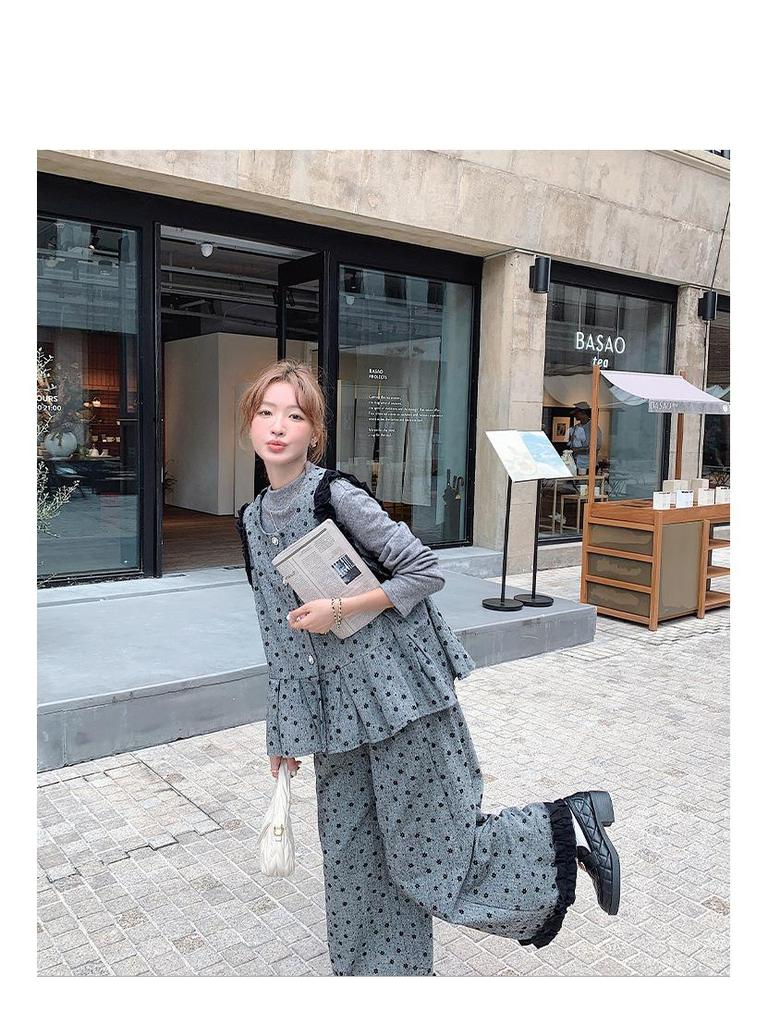 Damesett i koreansk stil med grå polkadotter, tredelt vestdrakt - Elegant høst/vinter moden stil
