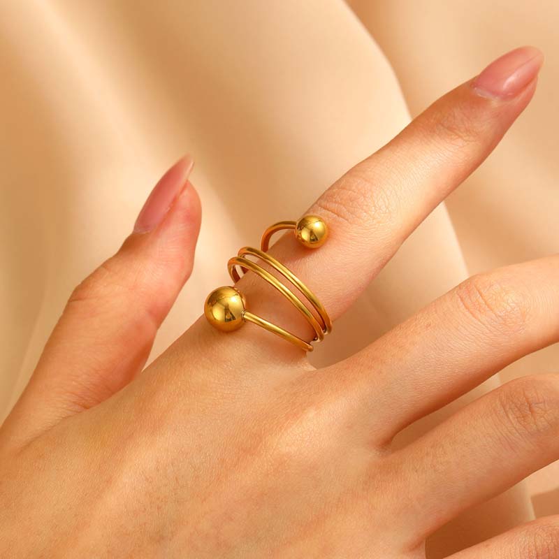 

Stainless Steel Metal Double Ball Open Rings For Women Men Fashion Design Gold Color Glossy Adjustable Ring Zircon Anillos