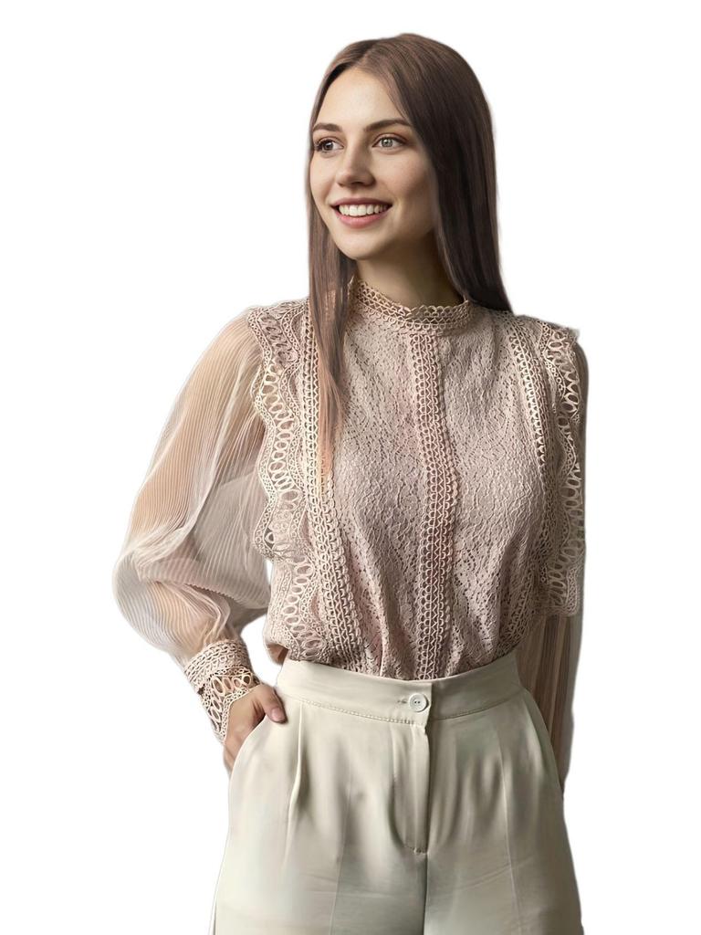 Elegant Mesh Puff Sleeve Round Neck Lace Top 