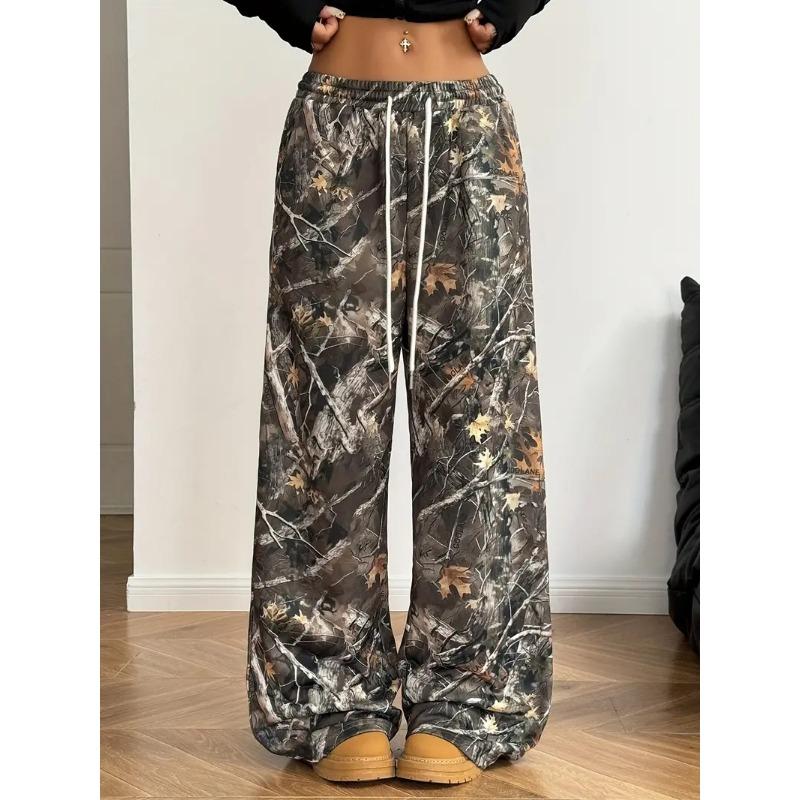 Women Street Hip Hop Style Printed Pocket Loose Casual Wide Leg Long Pants