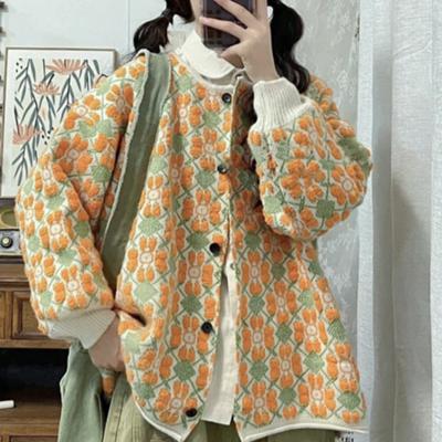 Sweet Flower Color Collision Loose Sweater Jacket Women's Autumn and Winter Retro Literary Knitted Cardigan