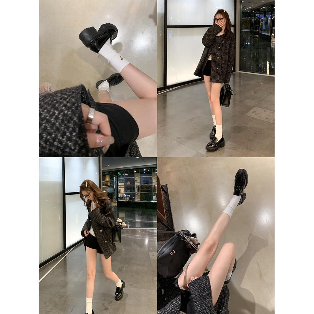 Sheepskin Version~ Genuine Leather Glossy Black Loafers Women's Thick Heel Thick Sole Small Height Increase with Skirt Jk Small Leather Shoes
