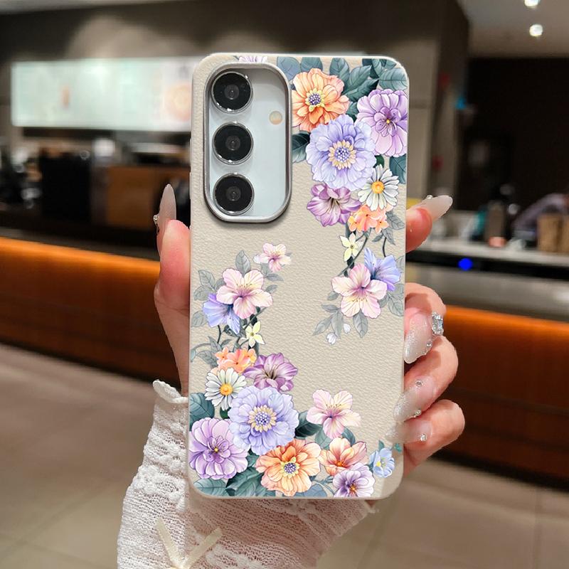 Color Floral Print Matte Leather Texture Phone Case For Samsung S25 S24 FE S23 Ultra S22 S21 A16 A56 A36 A15 A55 A35 Soft Slim TPU Shockproof  Cover