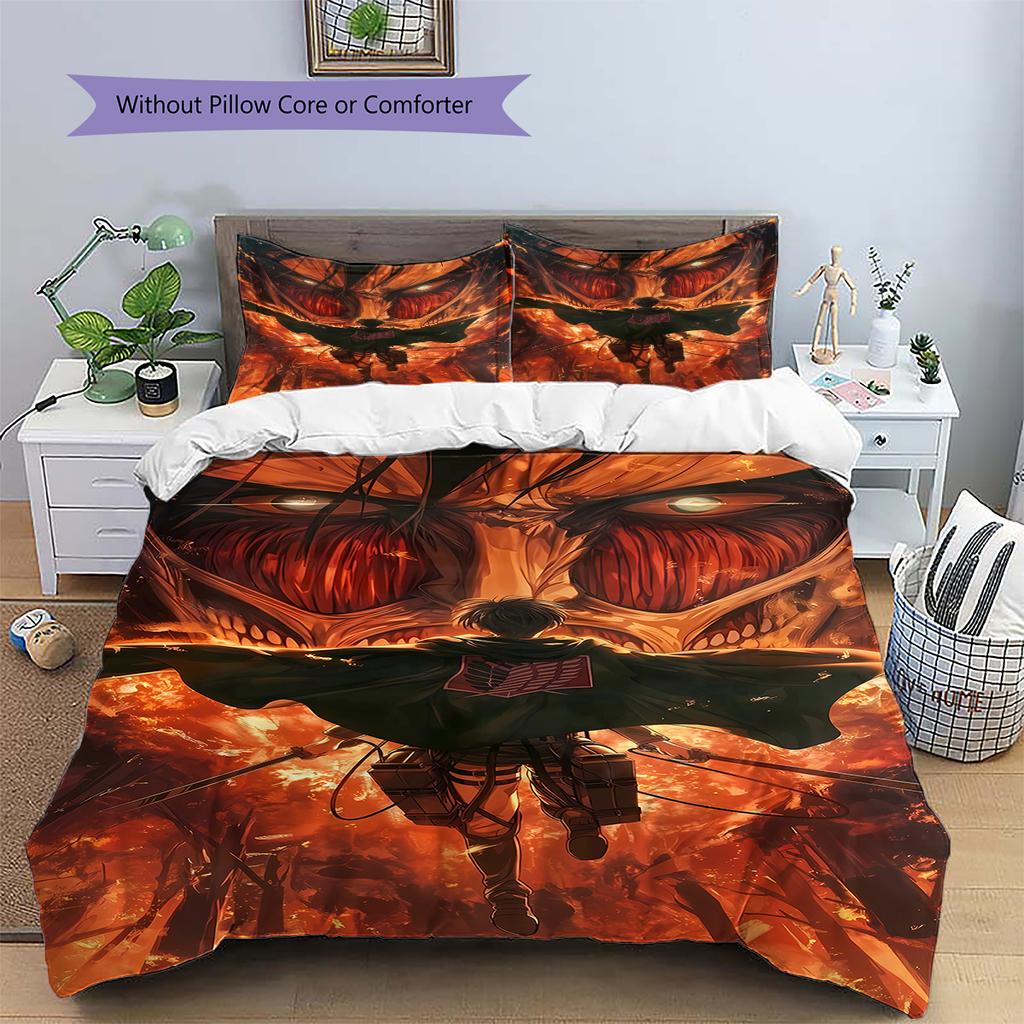 Pościel z motywem Attack on Titan, Zestaw kołdry Poszewka na kołdrę Poszewka na poduszkę Domowy prezent urodzinowy (1 * poszwa na kołdrę + 2 * poszewki na poduszki, bez rdzenia)