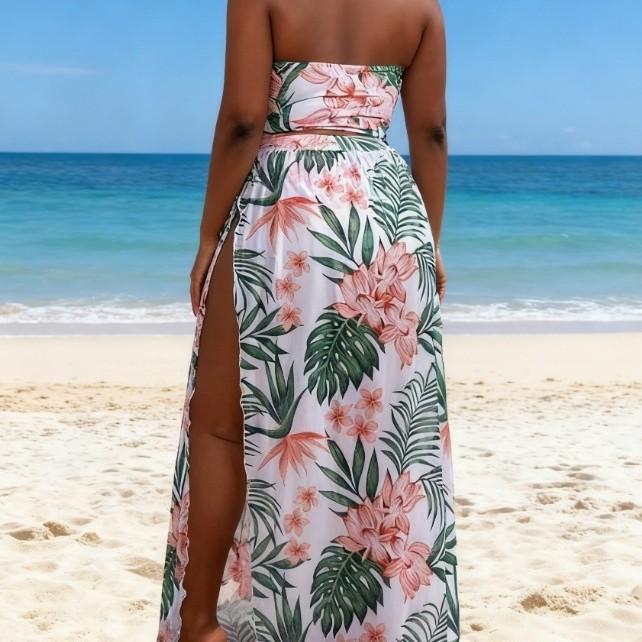 Large Size Split Swimsuit Printed Sexy Bikini Three-piece Neck Strap Long Skirt Blouse Large Size Swimsuit
