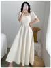 Hepburn Style Puff Sleeve White Dress: Square Collar, Slim Waist, Knee-Length, Summer Temperament