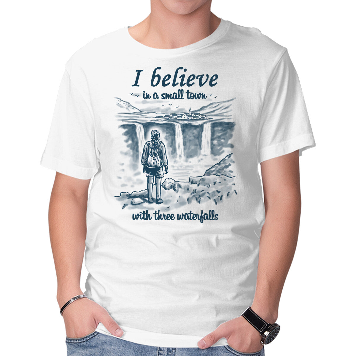 Unisex Crew Neck T-Shirt Small Town With Three Waterfalls Graphic Short Sleeve Casual Tee XXL