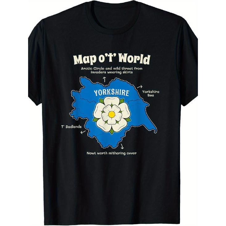 Humorous T-Shirt Featuring a Yorkshire-Themed World Map - A Design Celebrating British Geography with Elements Like The Yorkshire Sea, Dales, And S чёрный