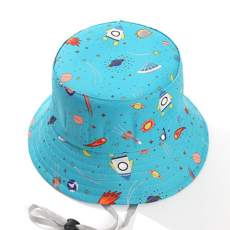 Kids Summer Sun Protection Cap Spaceship Planet Print Bucket Hat Wide Brim Fisherman Hats Boys Girls Outdoor Beach Basin Caps
