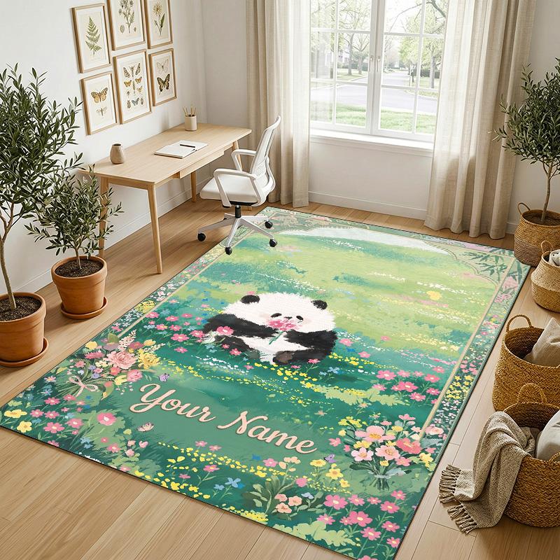 Panda Bamboo Forest Theme Soft Crystal Velvet Rug Custom Name & Text Print Non Slip Floor Rug for Bedroom Living Room