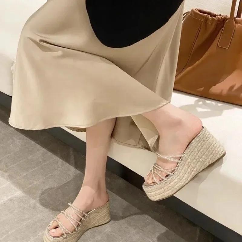 2024 Verão Chinelo Grosso Feminino Moda Elegante Plataforma Cunhas Salto Slides Senhoras Gladiador Tecido Solado Sandálias Sapatos Romanos