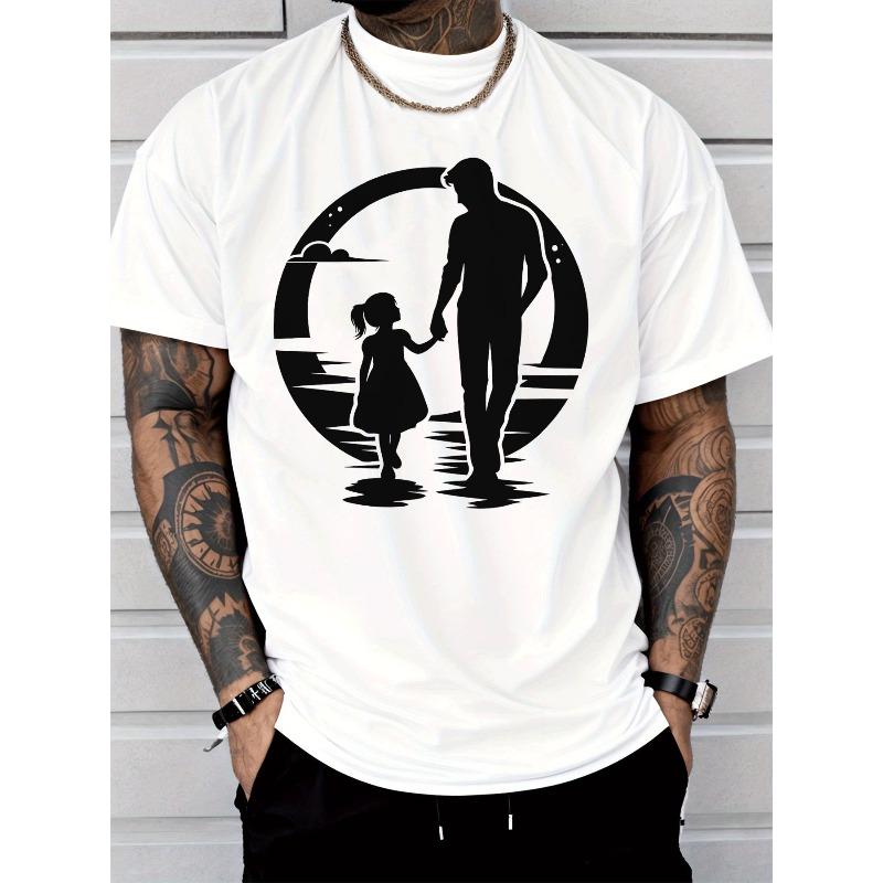 

European Size Men S Casual T-Shirt Father Daughter Holding Hands Silhouette Circle Graphic Crew Neck Short Sleeve Top Men S Fashion Daily Wear S белый