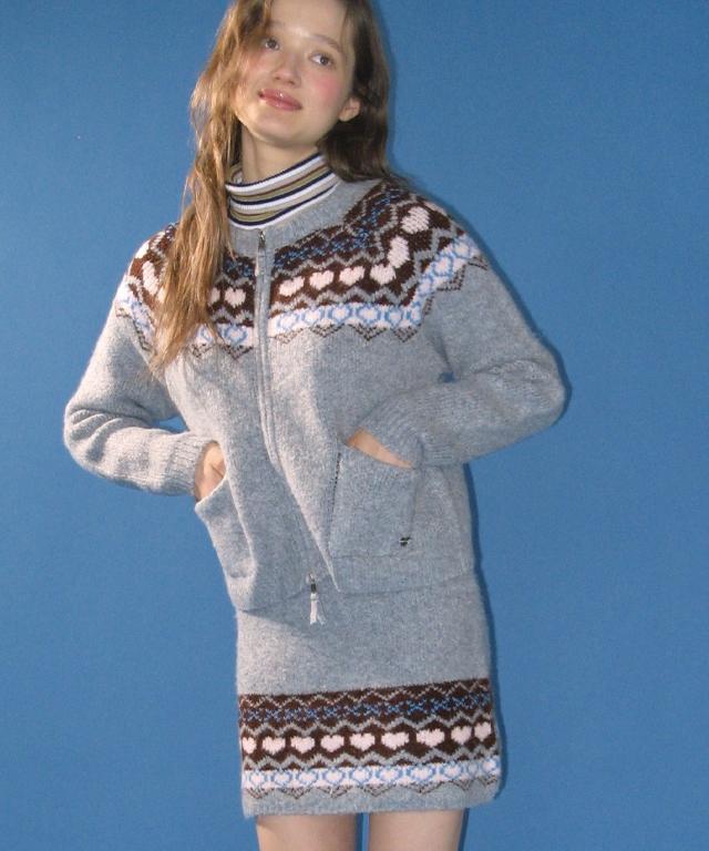 RONRON [Set] Heart Nordic Knit Zip Up (2Color)