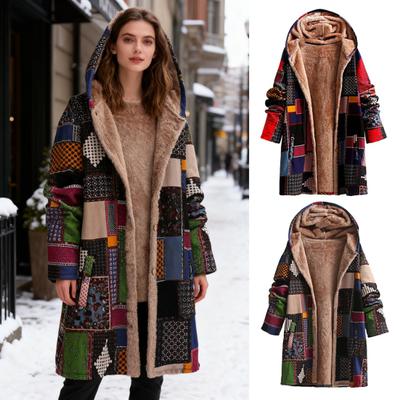 Fleece Jackets for Women Zip Up Floral Print Sherpa Lined Hooded Jacket Vintage Ethnic Style Patchwork Coat