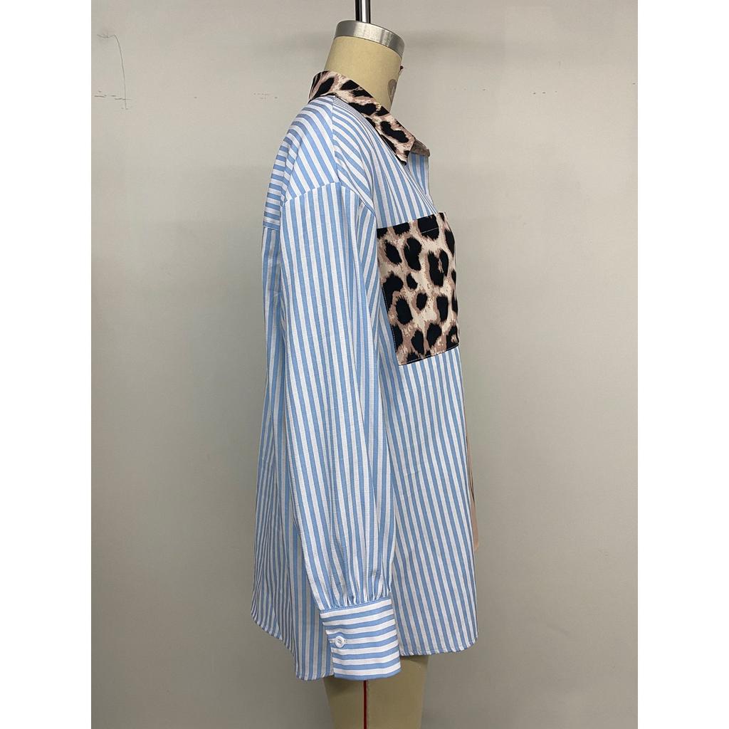 New Fall Women's Striped Patchwork Printed Shirt Casual Vacation Fashion Top