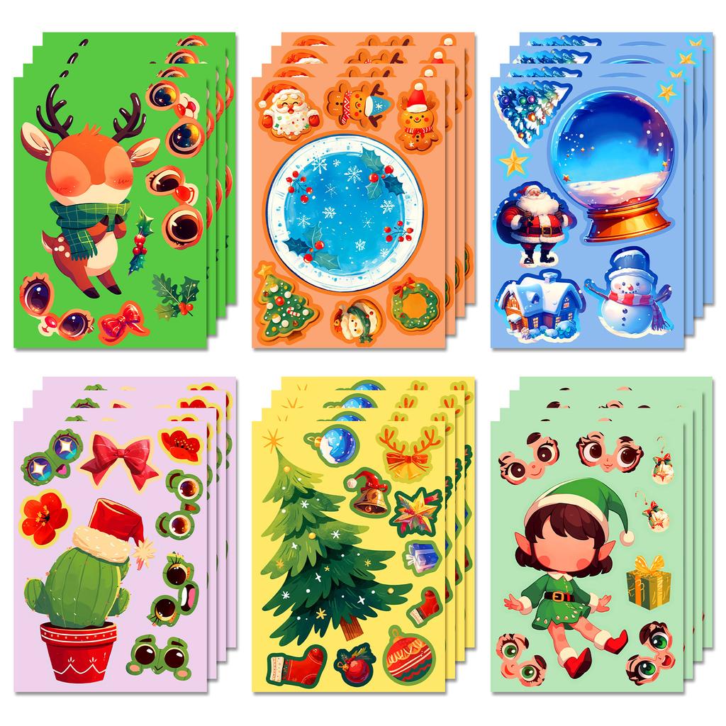 6 Pack Christmas Creative Diy Puzzle Face Changer Sticker Elk Crystal Ball Elf Game Guka Collage