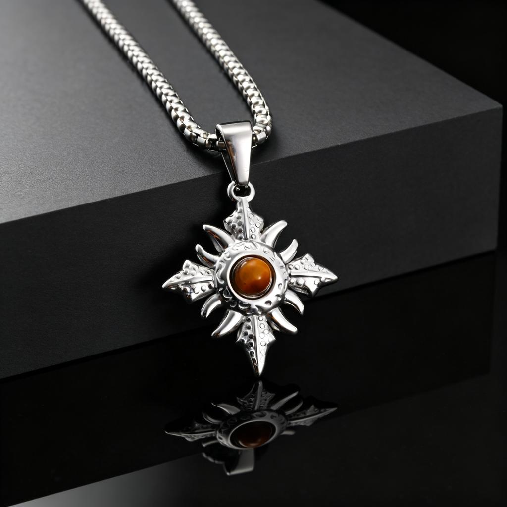 Vintage Punk Natürlicher Tigerauge Stein Geometrischer Anhänger Halskette für Herren Mode Edelstahl Hals Schmuck Geschenk