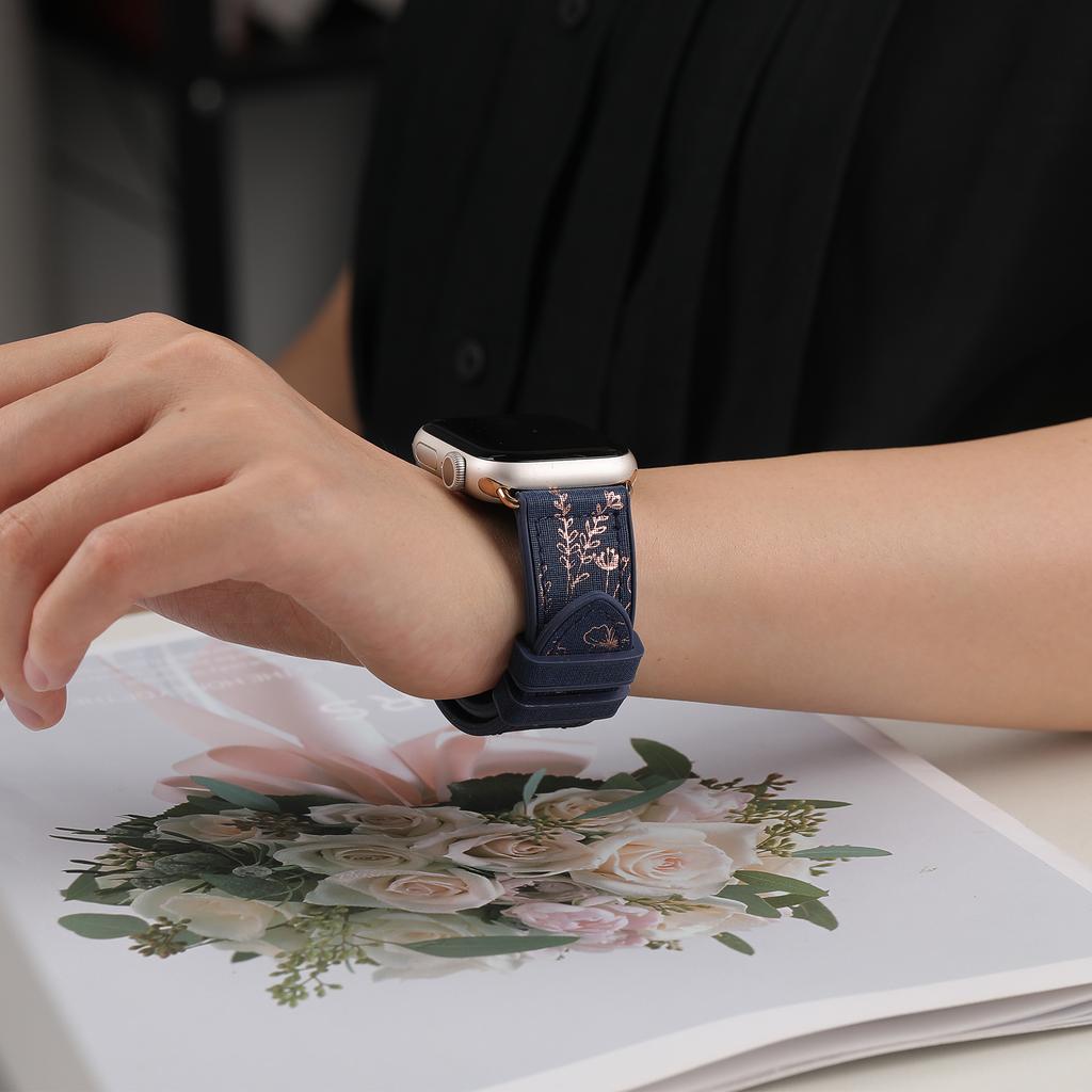 Leather+Silicone for Apple Watch Band 45mm 44mm 40mm 49mm 41mm 38mm Glossy Floral Bracelet Iwatch Series 9 8 7 Se Ultra 2 Strap