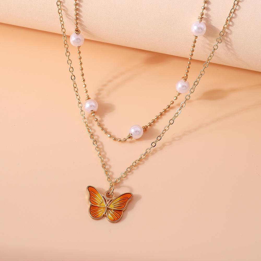 2pcs/set Cute Butterfly Pendant Necklace for Women Girls Pearl Beaded Choker Necklace Girls Party Holiday Jewelry Gifts