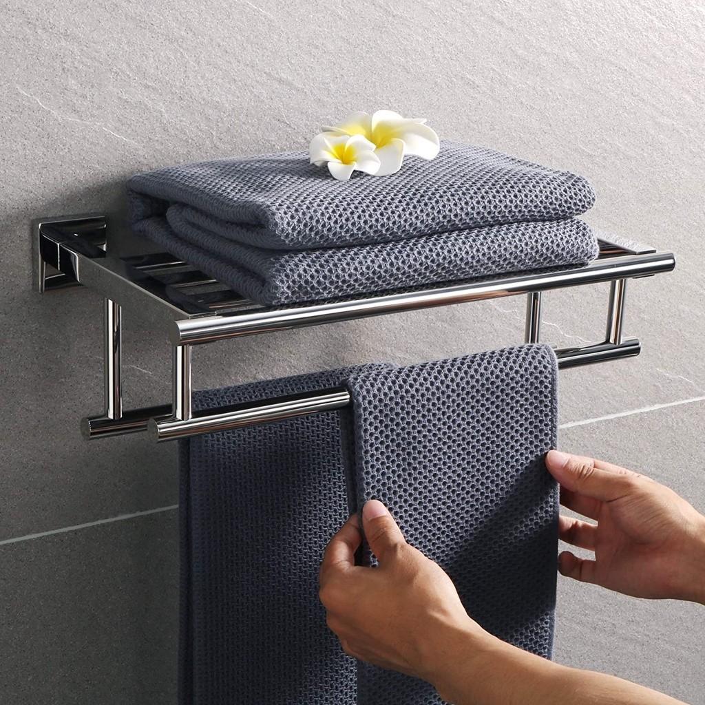 SUS 304 Stainless Steel Towel Rack Practical Double Bars Towel Shelf Household Bathroom Wall Mount Holder
