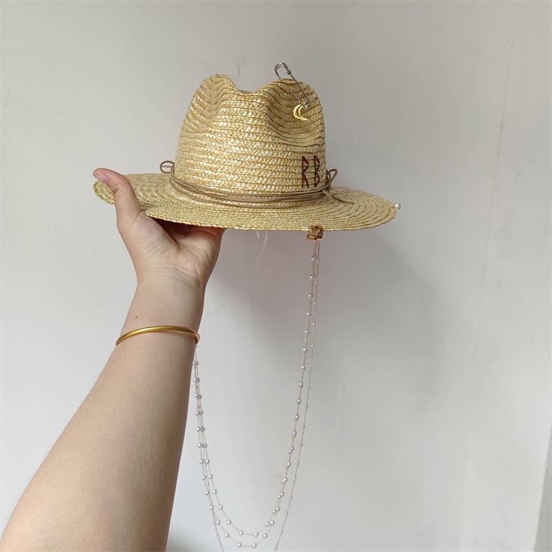 White straw hat pearl chain DIY flat top sun hat new Korean elastic ribbon hat beach hat candy color sun hat