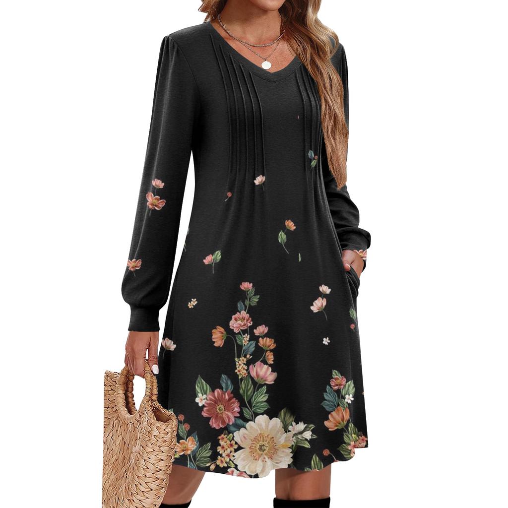 Ladies' Printed Casual And Fashionable V-neck Long Sleeved Mid Length Dress