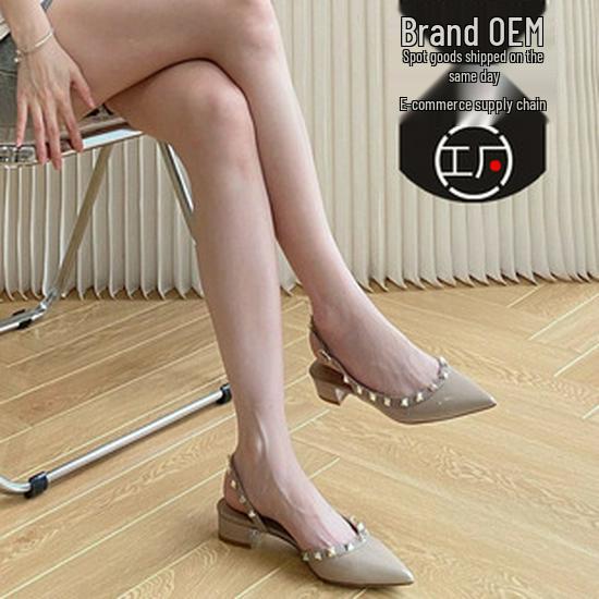Women's 2025 Spring/Summer French Pointed-Toe Rivet High Heel Sandals - Chunky Heel, Closed Toe.