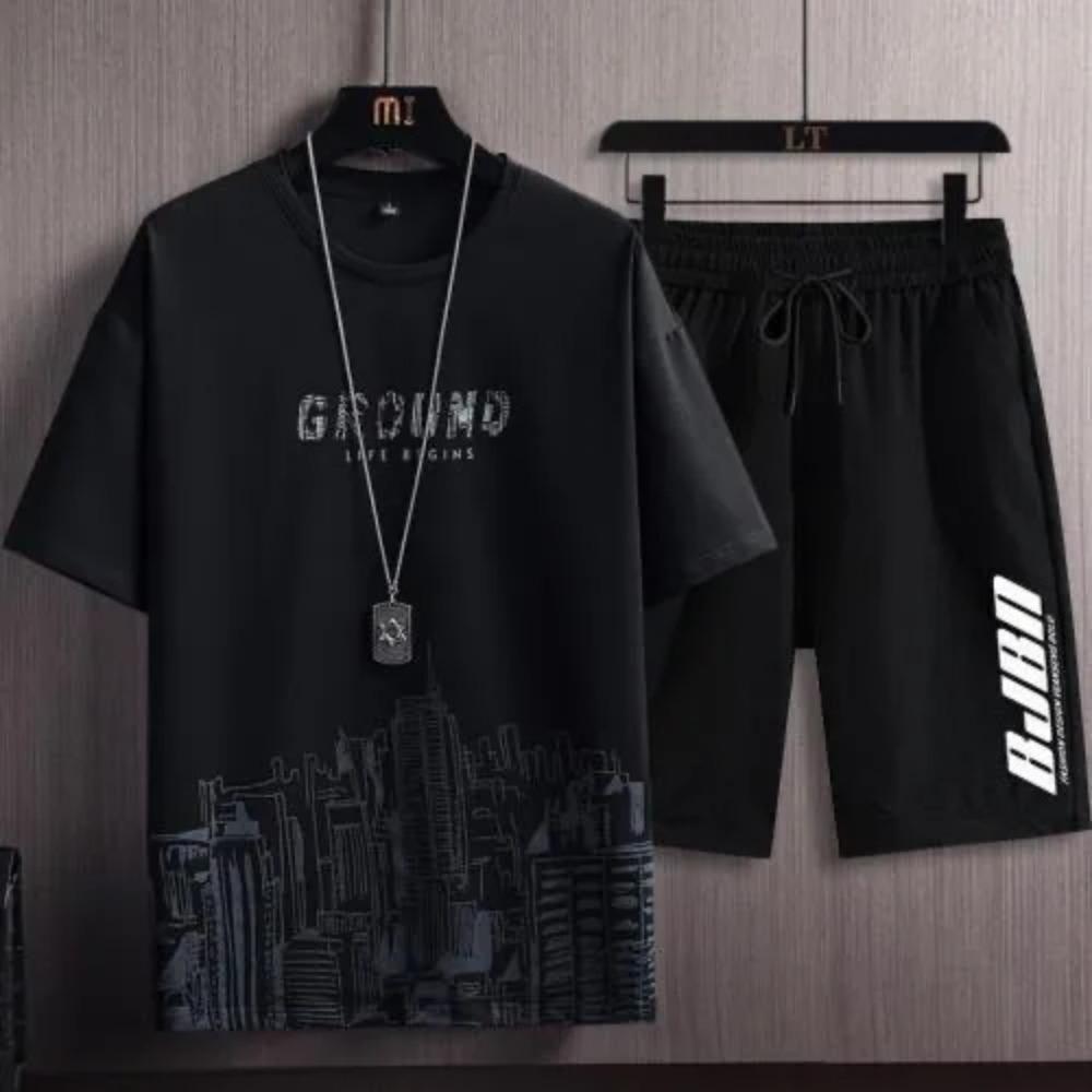 Summer Casual Suit Men's Ultra-thin Quick-dry Ice Silk Short Sleeved T-shirt Sports 5-minute Shorts Running 2-piece Set