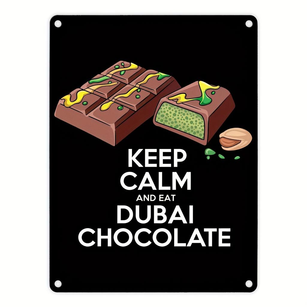 D Metal Outdoor Sign Stay Calm and Eat Dubai Chocolate with Arabic German Text Wall Decor for Bars Offices