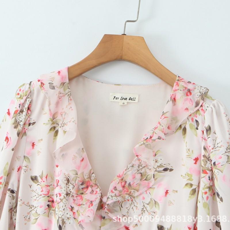 House Style Romantic Floral Ruffle V-Neck Long Sleeve Slim Fit Mini Dress