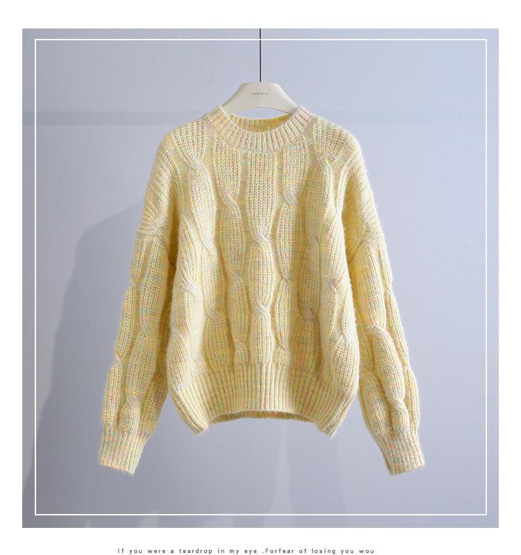 

2023 Осень/Зима Женский Уютный Круглый Вырез Витой Свитер - Корейский Повседневный Свободный Трикотажный Пуловер One Size жёлтый