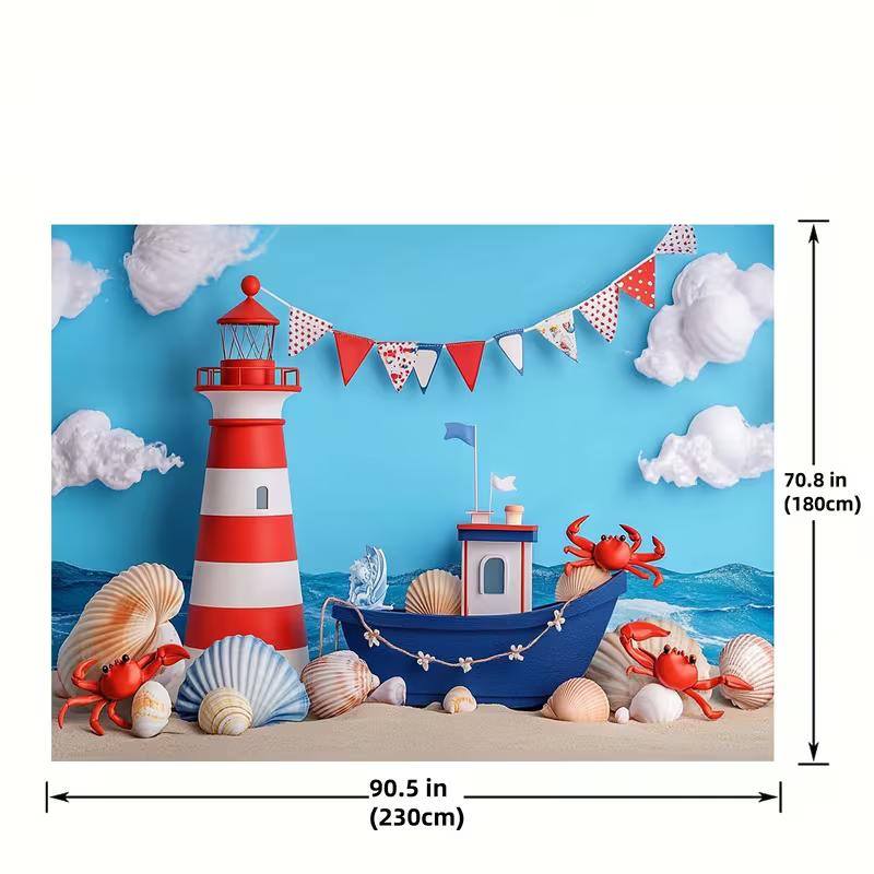2D Ocean Adventure Background, Cartoon Lighthouse & Boat Themed Party Backdrop