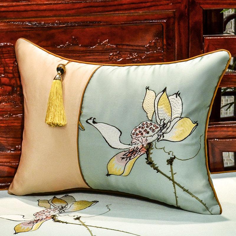 New Chinese-style Throw Pillows with Bird and Flower Embroidery Redwood Sofa Cushion Cover Large Cushion for Living Room Bed