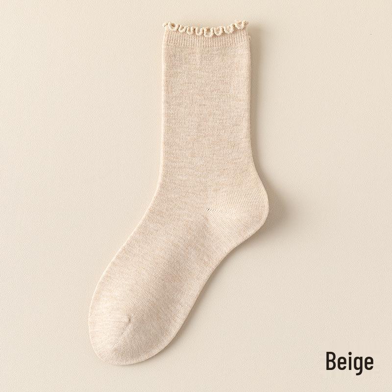 

Женские толстые бесшовные носки до середины икры с флисовой подкладкой и оборкой - Не скатывающиеся осенне-зимние теплые напольные носки One Size бежевый