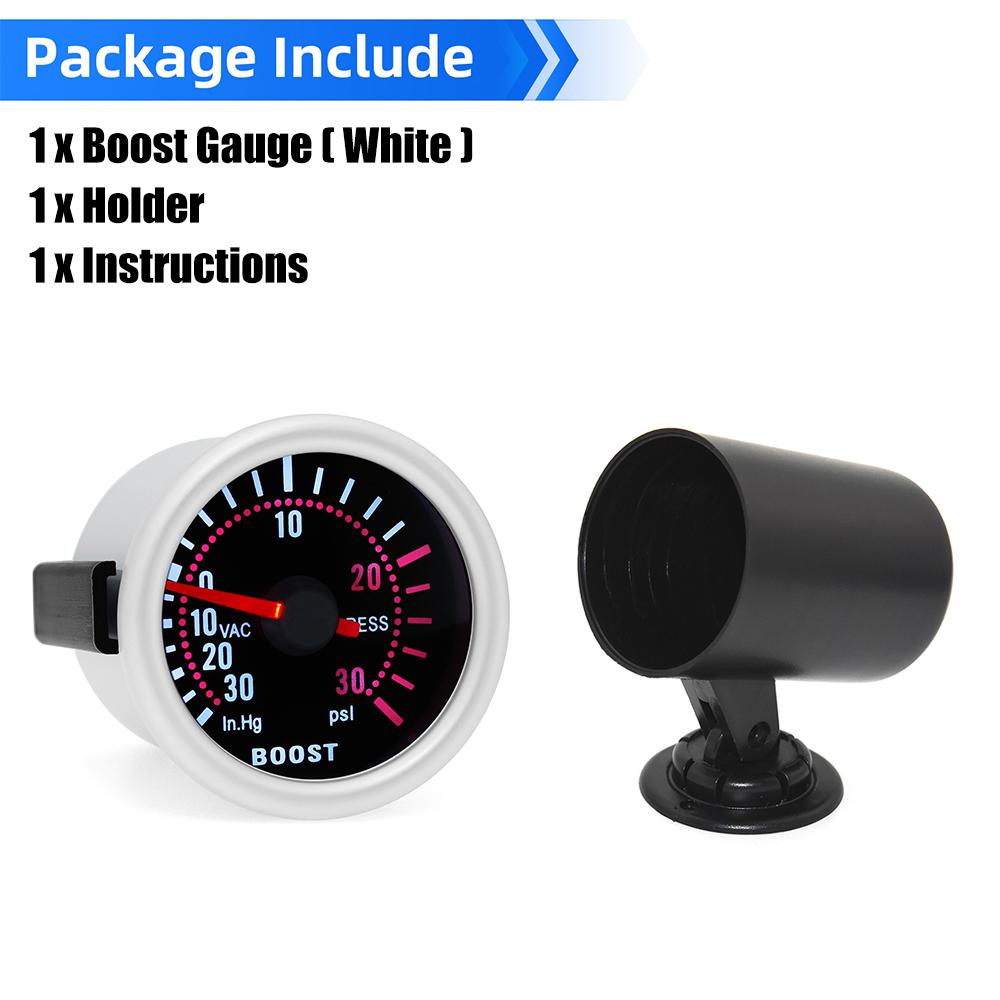 Universal 2" 52mm Turbo Boost Gauge -30~30PSI Smoke Lens 12V Petrol Racing Car Boost Pressure Indicator Meter Auto Boost Meter