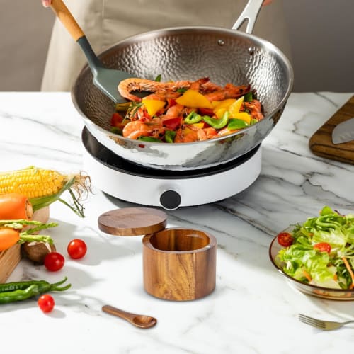 Salt Cellar Box, Wooden Salt Pot, Salt Container with Rotating Lid - Built-in Spoon Pot for Sugar, Kitchen Wooden Jar, Home Salt Cellar for Home, Cafe