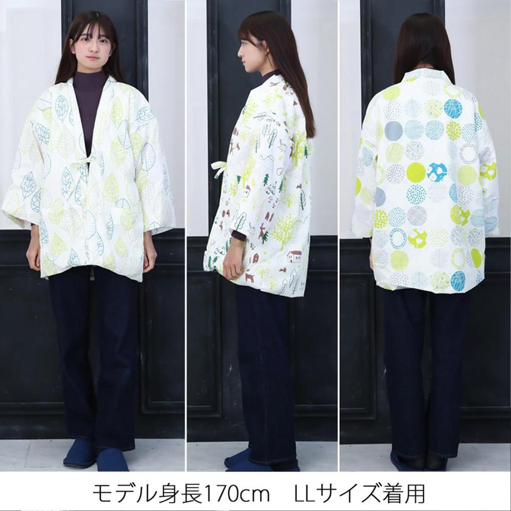 Yurakuan Women's Hanten (Hanten) with a Nordic Pattern and Fleece Lining, Plus Size LL (Nordic Leaf, LL)